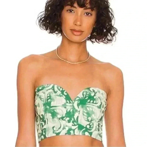Alexis Isola Printed Bustier Small S Sage Cropped Top Strapless Sweetheart linen - Picture 2 of 9